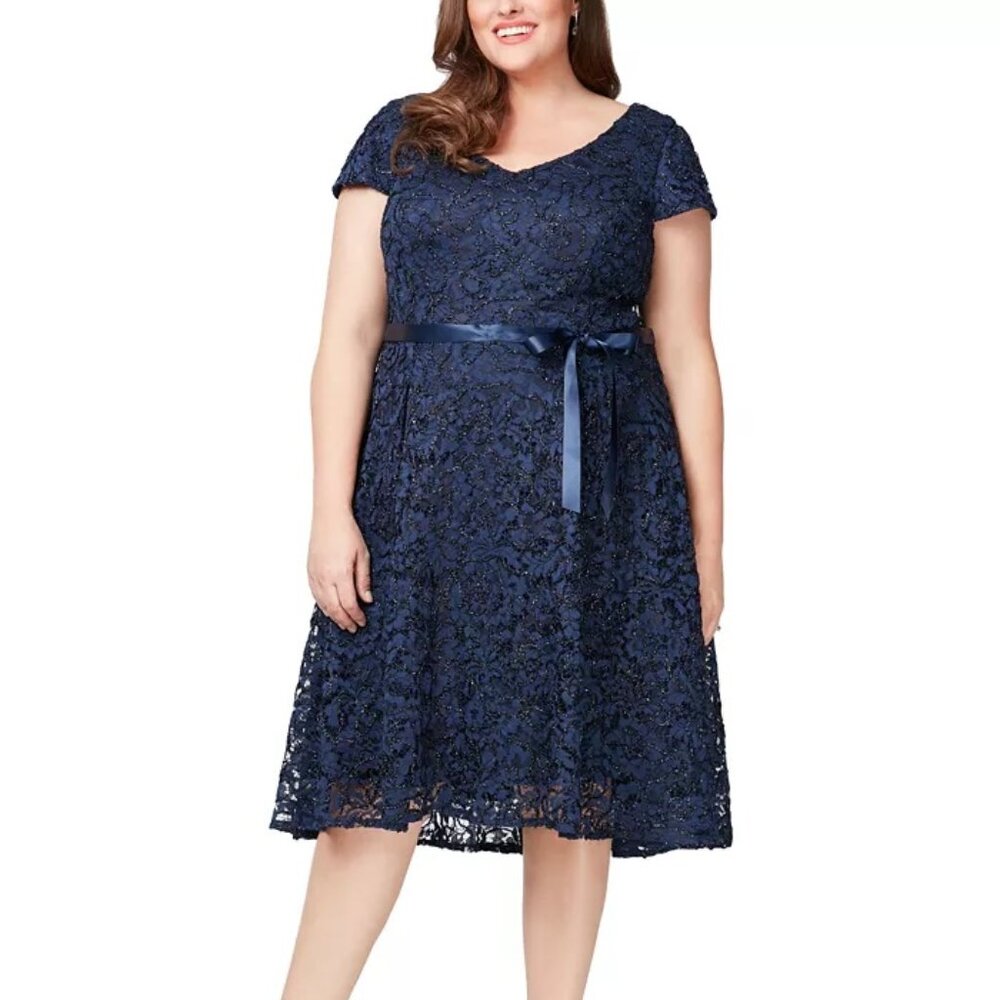 Alex Evenings Metallic Lace Cap-Sleeve Fit & Flare Dress Navy Plus Size 22W